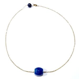 Gold Filled Chain Necklace W/Blue Stone Bead Fashion Jewelry